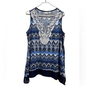 Kim Rogers Top Size L Blue Black White Lace Long Tunic Tank